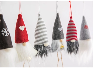 Detail of 6 piece Nordic felt Christmas gnomes with knit hats and faux fur beards