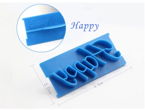 Detail view of blue plastic Happy biscuit stamp with precise size 6.5cm x 3.0cm