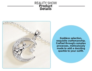 Detail of S925 silver moon and cat pendant necklace with sparkling zircon star