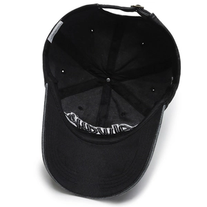 Classic black denim baseball cap showing interior sweatband and adjustable metal buckle
