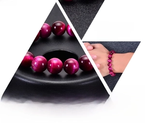 Detailed macro view and model display of magenta tiger eye stone beaded bracelet