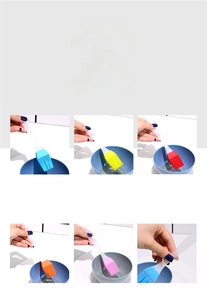 Detail of detachable silicone pastry brushes with transparent handles in multiple colors