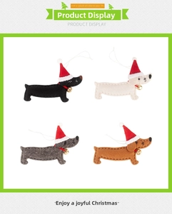 Set of four felt dachshund dog Christmas ornaments with red hats and tiny golden bells