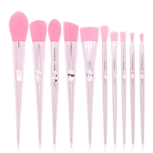 Set of 10 professional makeup brushes with pink bristles and elegant rose gold handles