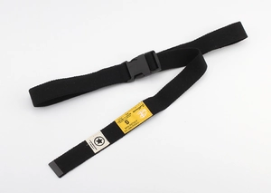 Detail of black nylon canvas tactical belt with plastic buckle and Salient brand labels