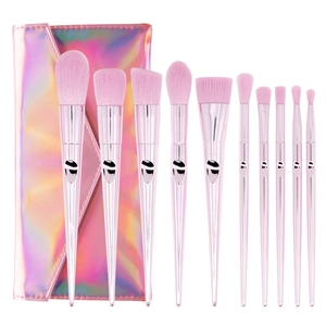 Detailed set of 10 pink makeup brushes with a holographic laser cosmetic bag storage
