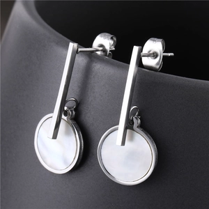 Geometric Round Shell Drop Earrings Titanium Steel Mother Of Artificial Pearl Inlay Elegant Jewelry For Women