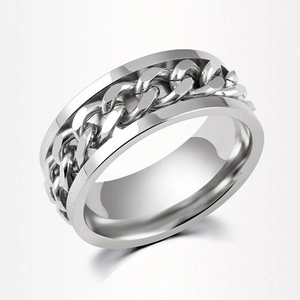 Industrial style titanium steel wide band ring with rotatable silver chain decoration