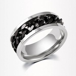 Polished silver stainless steel ring with black rotating curb chain inlay for men