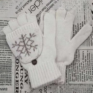 Détail de gants tricotés blancs avec motif flocon gris et rabat amovible à bouton