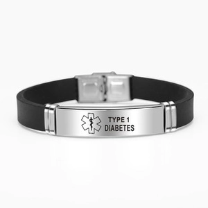 Black silicone medical alert bracelet with Type 1 Diabetes engraving on steel plate