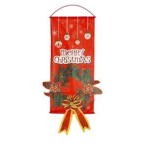 Détail de la bannière de Noël rouge en tissu avec pommes de pin et nœud doré élégant