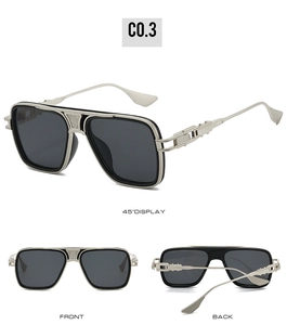 Macro view of silver square sunglasses showing detailed metal frame and bridge structure