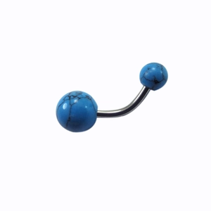 Curved stainless steel navel ring with blue turquoise wood beads on a white background