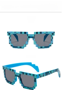 Front and side macro views of blue pixelated square sunglasses with checkered pattern