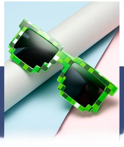 Detail of lime green pixelated mosaic sunglasses with dark lenses on a fashion background