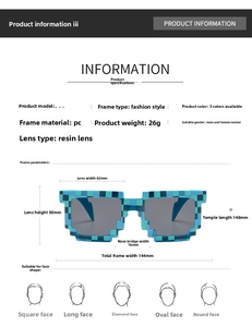 Detailed size chart for retro checkered square sunglasses with PC frame and resin lenses