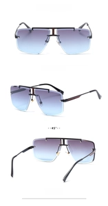 Detailed multi-angle views of rimless sunglasses with grey-blue gradient lenses