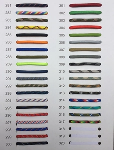 Detailed color chart of 550 paracord with numeric codes for heart bracelet styles