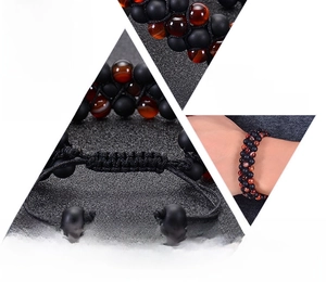 Macro view of 8mm natural agate and matte black stone beads with hand-woven cord details