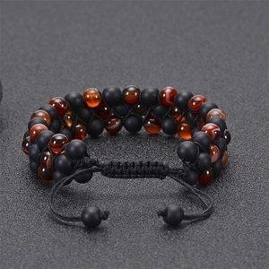 Adjustable double-layer woven bracelet with matte black and striped agate natural stones