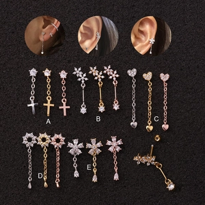 Stainless Steel Zircon Cartilage Earrings Piercing Studs Flower Star Dangle Korean Style For Women Screw Back