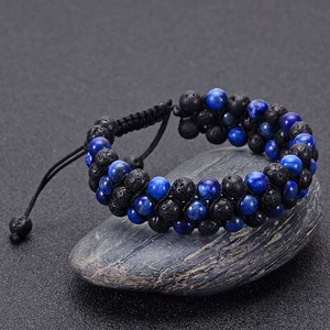 Multi Row Braided Bracelet With Natural Lapis Lazuli And Black Lava Stone Beads Adjustable Cord Natural Jewelry For Men Women