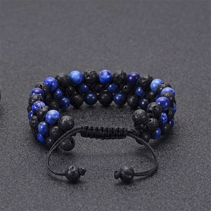 Adjustable double-layer bracelet with natural lava rock and blue lapis lazuli beads