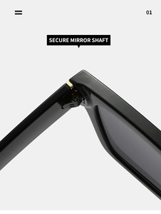 Close-up of secure metal mirror shaft and hinge on thick black fashion sunglasses
