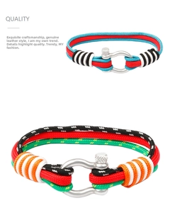 Close-up of woven 550 paracord bracelets with silver stainless steel horseshoe shackle clasp