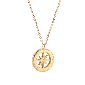 Stainless Steel Compass Pendant Necklace Gold Plated Eight Pointed Star Round Medal Vintage Starburst Jewelry For Women