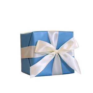 Blue Christmas gift box with white satin ribbon bow for festive store window decoration