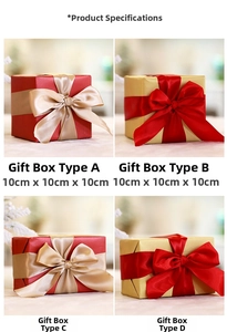 Size guide showing four 10cm square Christmas gift boxes with silk bows in red and gold