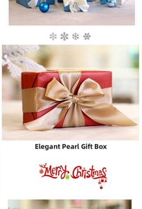 Macro shot of red pearlescent Christmas gift box with large golden champagne ribbon bow