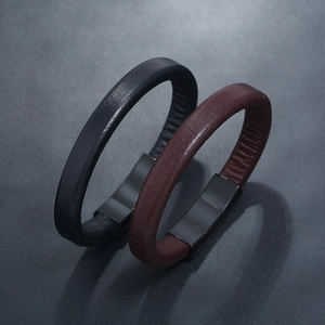 Minimalist stainless steel and leather bracelets in black and brown with metal clasps
