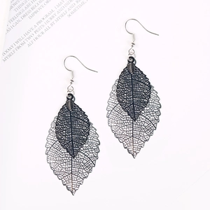 Close-up of stylish double-layer hollow leaf drop earrings with fishhook ear wires