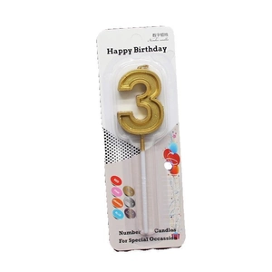 Golden champagne number 3 birthday candle for cake decoration with plastic holder