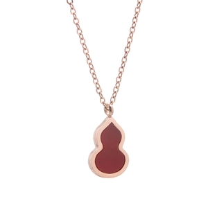 Rose gold stainless steel gourd necklace with elegant red inlay on a white background