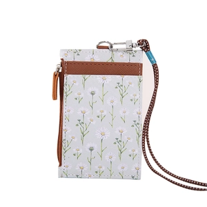 Daisy print PU leather card holder with brown lanyard and zipper coin pocket on white background