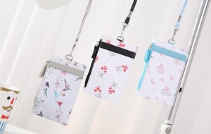 Floral and unicorn pattern PU leather card holders with lanyards and zipper pouches