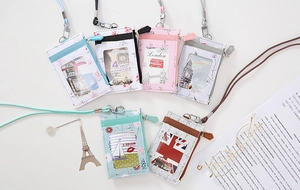 Floral PU leather card holder wallet with lanyard shown in various colors with accessories