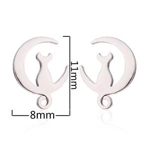 Silver crescent moon and cat stud earrings measuring 11mm by 8mm on white background