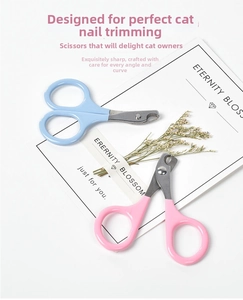 Close-up of cat nail clippers with round hole blades in pink and blue pastel colors