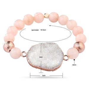 Pink natural stone beaded bracelet with druzy quartz cluster pendant and size dimensions