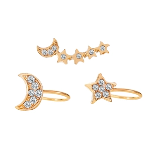 Three-piece gold-toned star and moon rhinestone ear clip set for non-pierced ears