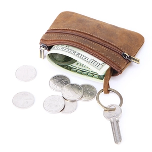 Retro brown crazy horse leather coin purse with double zippers and metal keychain ring