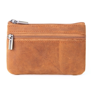 Vintage brown crazy horse leather coin purse with double zippers and durable card slots