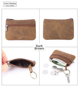 Detail view of coffee brown crazy horse leather coin purse with metal keychain and zip pocket