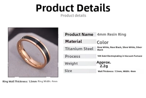 Detail showing 4mm wide rose gold titanium steel ring with black epoxy inlay and 1.5mm thickness