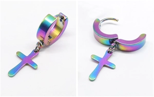 Macro detail of rainbow stainless steel hoop earring with cross pendant in open and closed views